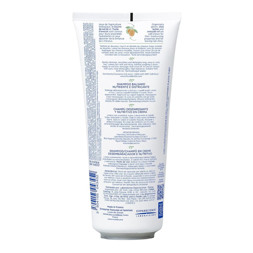 Mustela Detangling & Nourishing Cream Shampoo - Natural Shea Butter & Avocado - Curly & Frizzy Hair 6.76 US Fl. Oz.