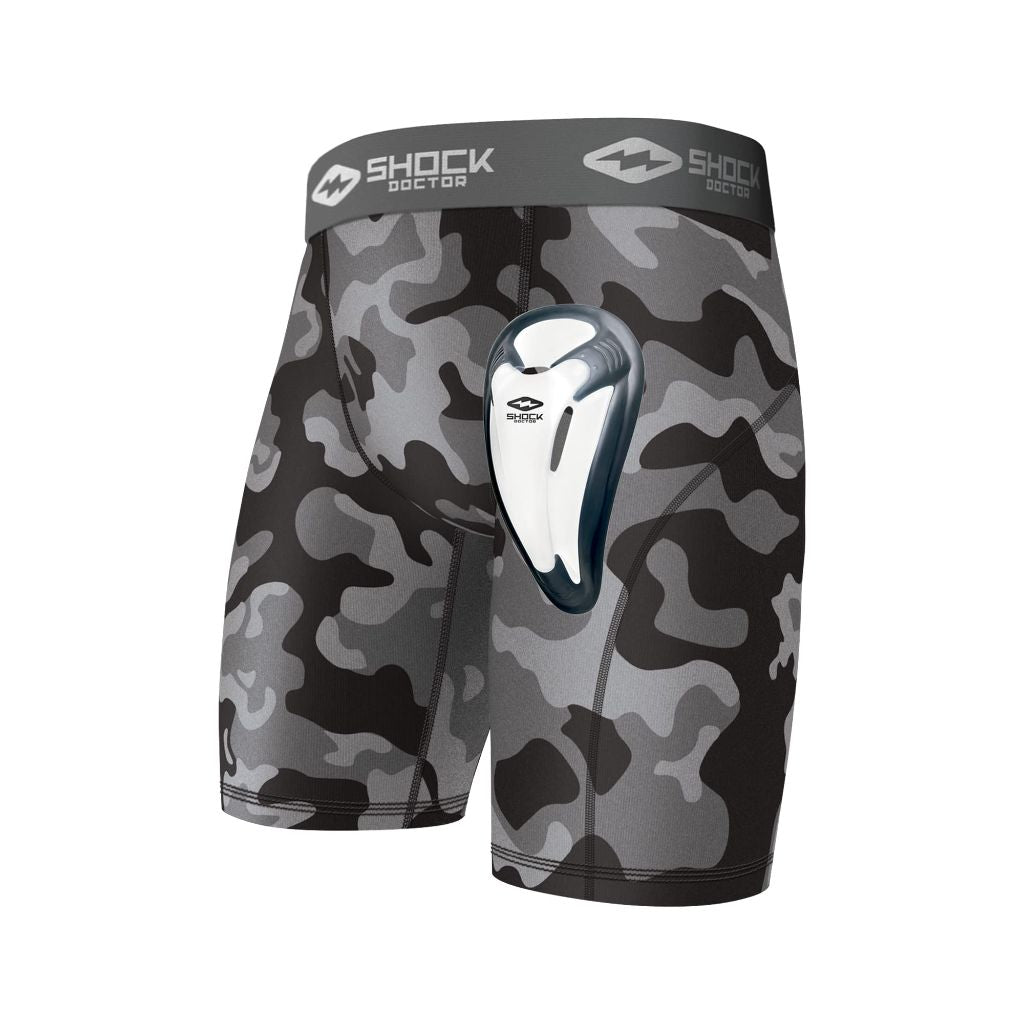 Shock Doctor Compression Short Underwear with BioFlex Cup. Athletic Support, Black Camo, Youth, M