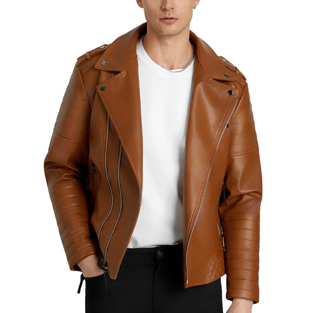 WULFUL Men's Faux Leather Bomber Jacket - Motorcycle Slim Fit Biker Coat with Asymmetric Zip and Multiple Pockets, Medium