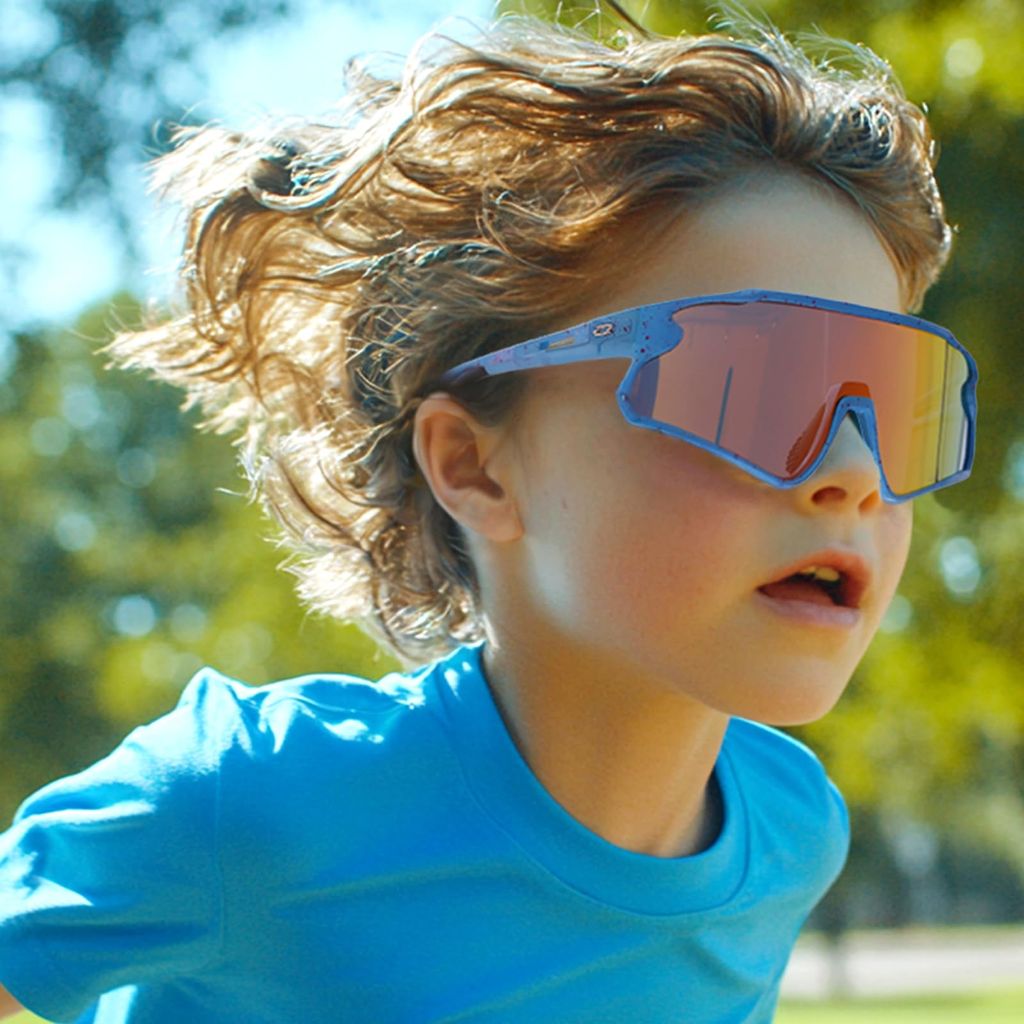 RIVBOS Youth Baseball Sunglasses for Kids(Boys&Girls)  - Black/Blue Magenta Dot Frame-Rainbow Lens RYS007