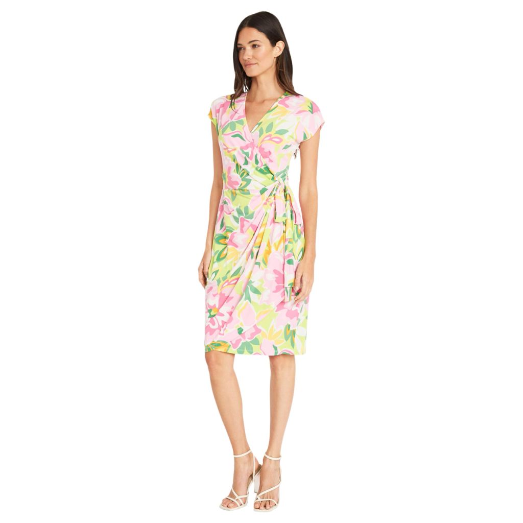 Maggy London Women's Dresses Printed Matte Jersey Wrap, Love Letter Blooms - Green/Pink,  Size 10