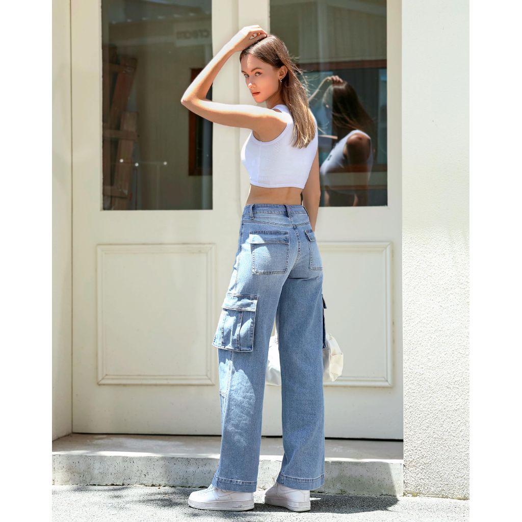 OFLUCK Women's Cargo Jeans High Rise Casual Loose Fit Wide Leg Denim Pants, Light Blue, 10 Small