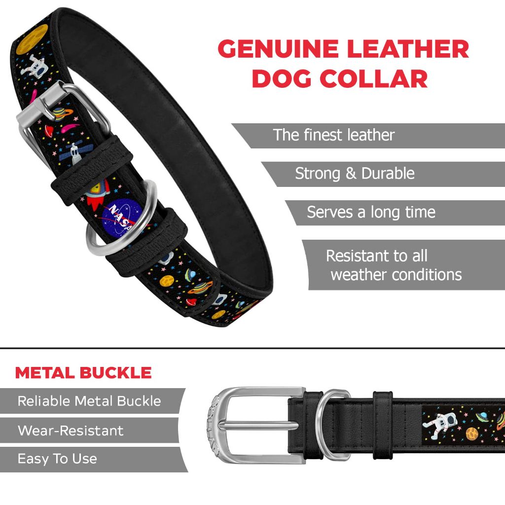 SZ OSFA WAUDOG Leather Dog Collar with NASA Design - Heavy Duty Dog Collars with Durable Metal Buckle and QR Dog Tag