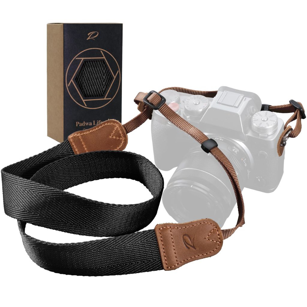 Padwa Lifestyle Black Camera Strap - Double Layer Crazy Horse Cowhide Head,1.5" Wide