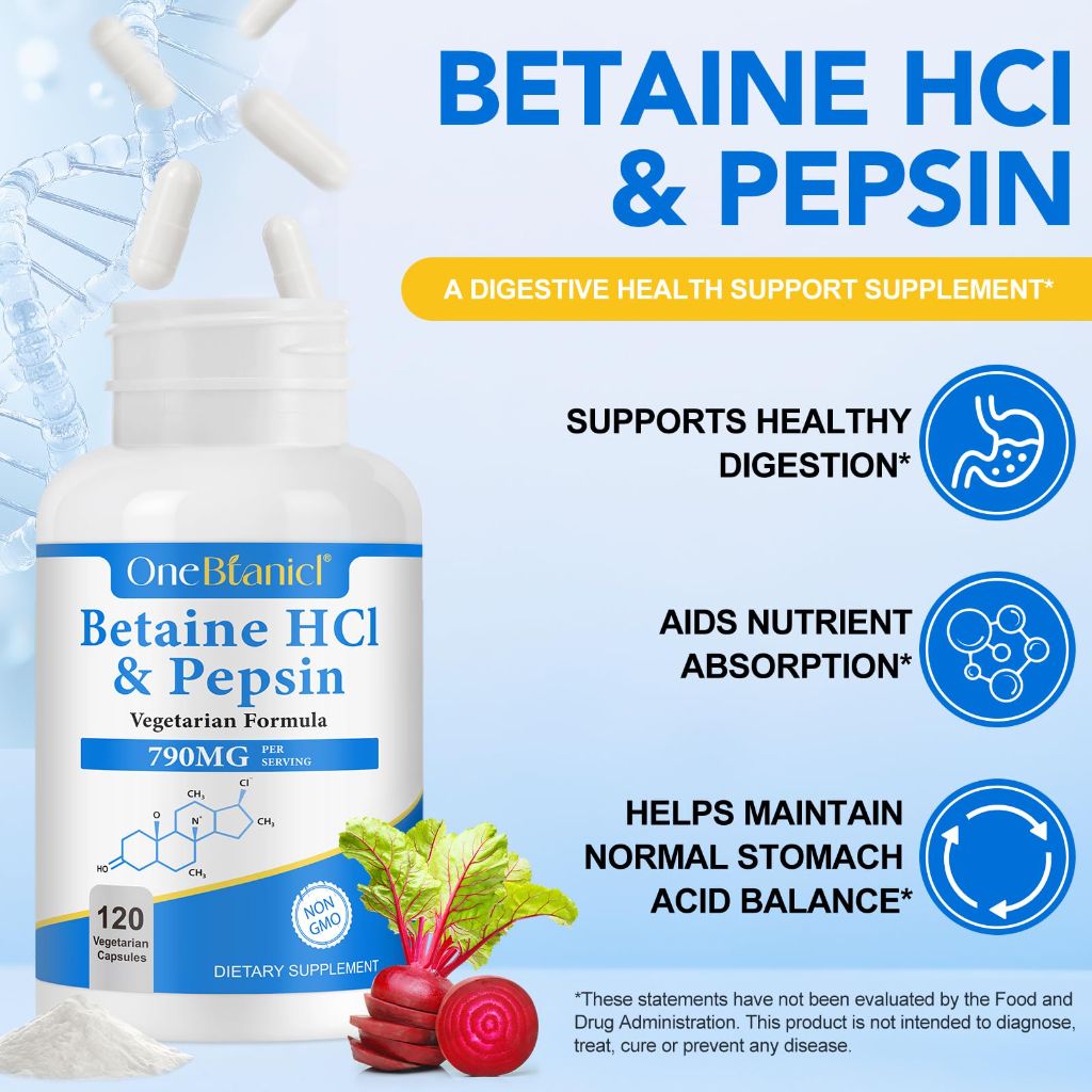 OneBtanicl Betaine HCl with Pepsin Digestive Enzymes Supplement, 120 Capsules, 790mg per capsule