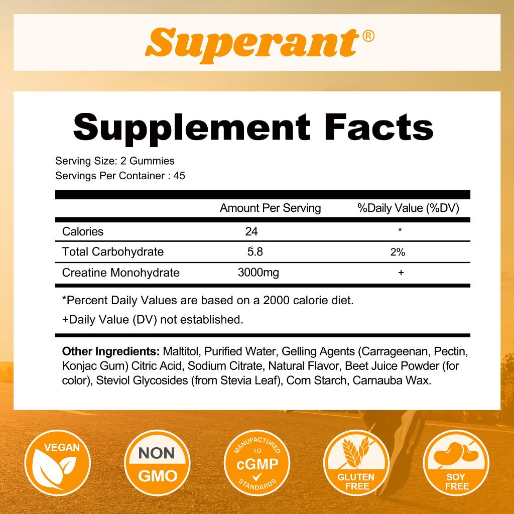 SUPERANT Creatine Monohydrate Gummies, 1.5g of Creatine, 90 Gummies