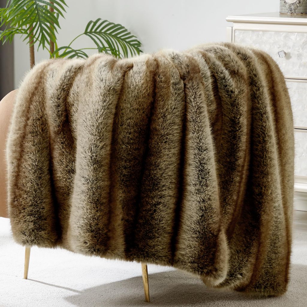 DREAMNINE Premium Luxury Fuzzy Animal Skin Faux Fur Throw Blanket 50" x 60", Reversible Thick Shaggy Lion Fluffy Bear Lap Blankets, Soft Decorative Cozy Wolf Warm Winter Fox Furry Blanket,Gold Brown