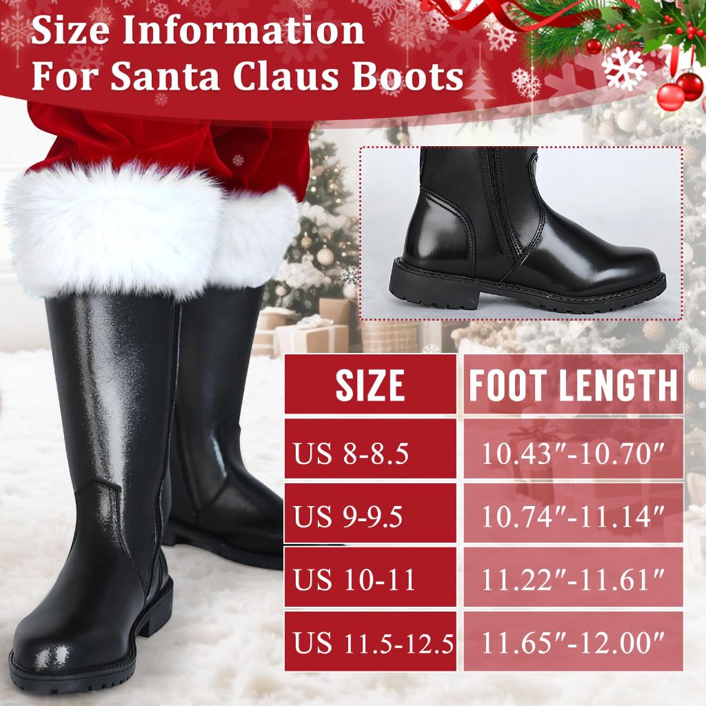SHEJIZE Men's Black Santa Claus Boots-Premium Faux Leather Wide Calf Santa Combat Shoes Adult Men with Non-Slip Sole, Christmas Footwear for Halloween Parties & Cosplay