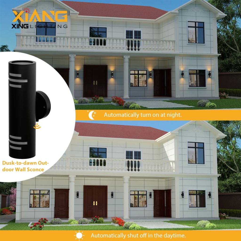 XIANG XING LIGHTING Dusk-to-Dawn Outdoor Wall Light, Up & Down Glow, Cylindrical Wall Sconce, ETL Listed, Waterproof & All Weather Resistant, Matt Black Finish, 2 x E26 Socket, 2-Pack…