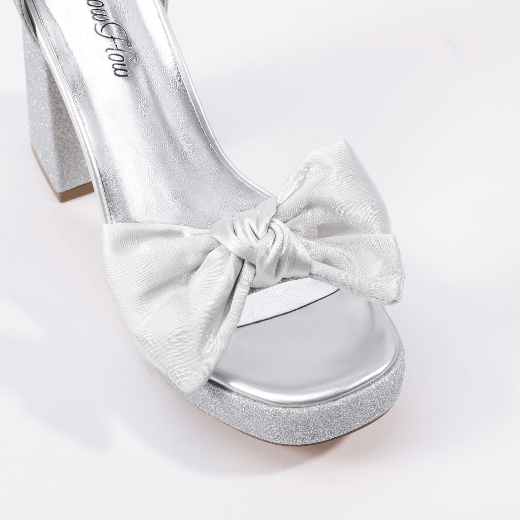 Mofri Showhow Platform Chunky Heels Women's Chunky High Heel Sandals Ankle Strap Open Toe Pump Bowknots Wedding Sandals for Wedding Bridal Party(Silver Glitter,7.5)