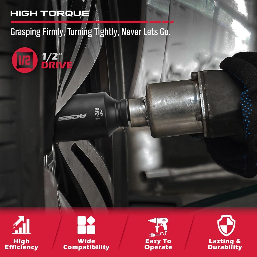 SAE Deep Impact Socket Set 8-Piece 1/2-inch Drive Wheel Axle Nut Wrench Large Sockets Standard Adapter 1-11/16 1-9/16 1-3/8 1-7/16 1-1/2 1-5/8 1-3/4 Imperial Spindle Joint Torque Bearing Locknut Truck