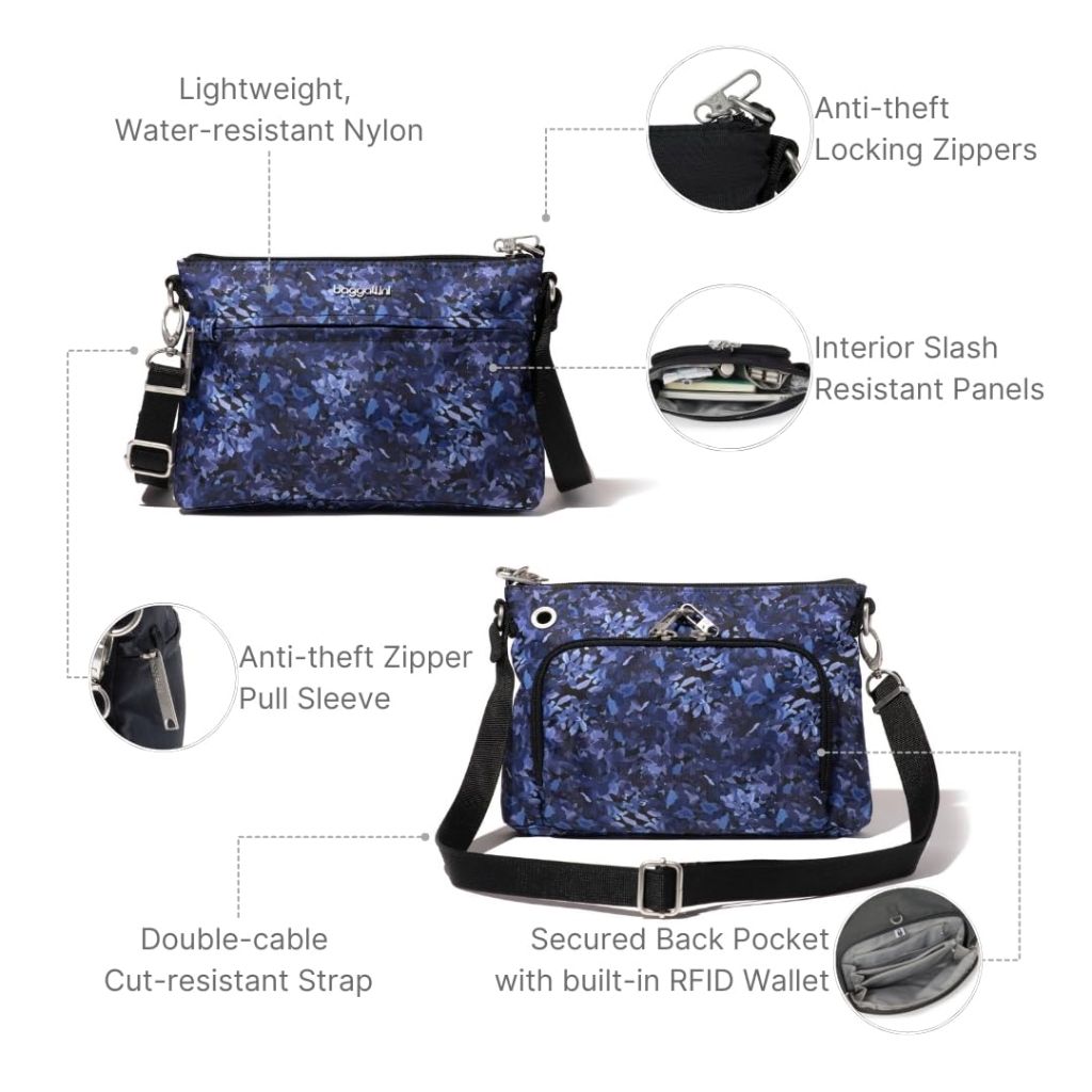 Baggallini Womens Securtex Anti-Theft Memento Crossbody Bag, Indigo Petal