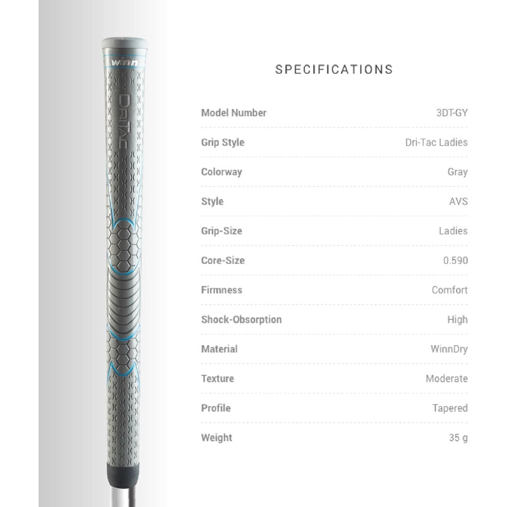 Winn Dri-Tac Ladies Golf Grip - Non-Slip & Cushioned Comfort, Moisture-Wicking & Shock Absorption - Gray