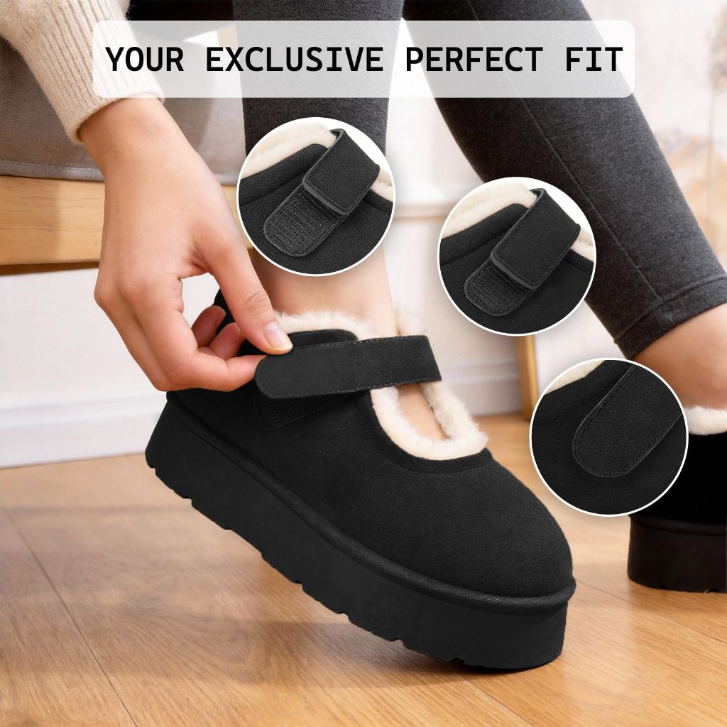 MUSSHOE Platform Mini Snow Boots: Water Resistant Suede Mary Jane Slippers, Women's 10