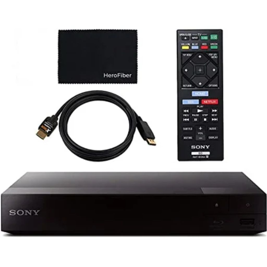 Sony Blu Ray Player with WiFi. Video Streaming & Screen Mirroring  DVD Players for Tv  HD Bluray Playback  Includes Blue Ray/Cd Player  Full 1080p  Remote Control  HDMI Cable  Cleaning Cloth