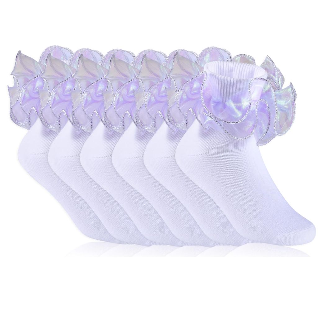 KOSIWEGO Girls White Ruffle Socks - Small, Purple/White (6 Pairs)