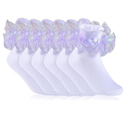 KOSIWEGO Girls White Ruffle Socks - Small, Purple/White (6 Pairs)