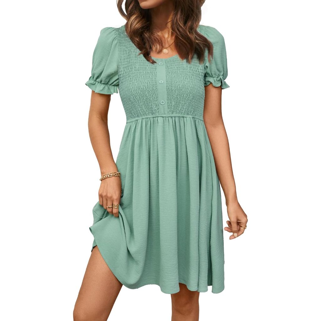 Summer Dress Short Puff Sleeve Button Up Smocked Empire Waist Flowy ( Color Bean Green Size L)