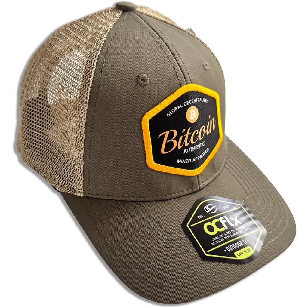 Bitcoin Adjustable Baseball Cap - Olive Green with Khaki Beige Mesh Back