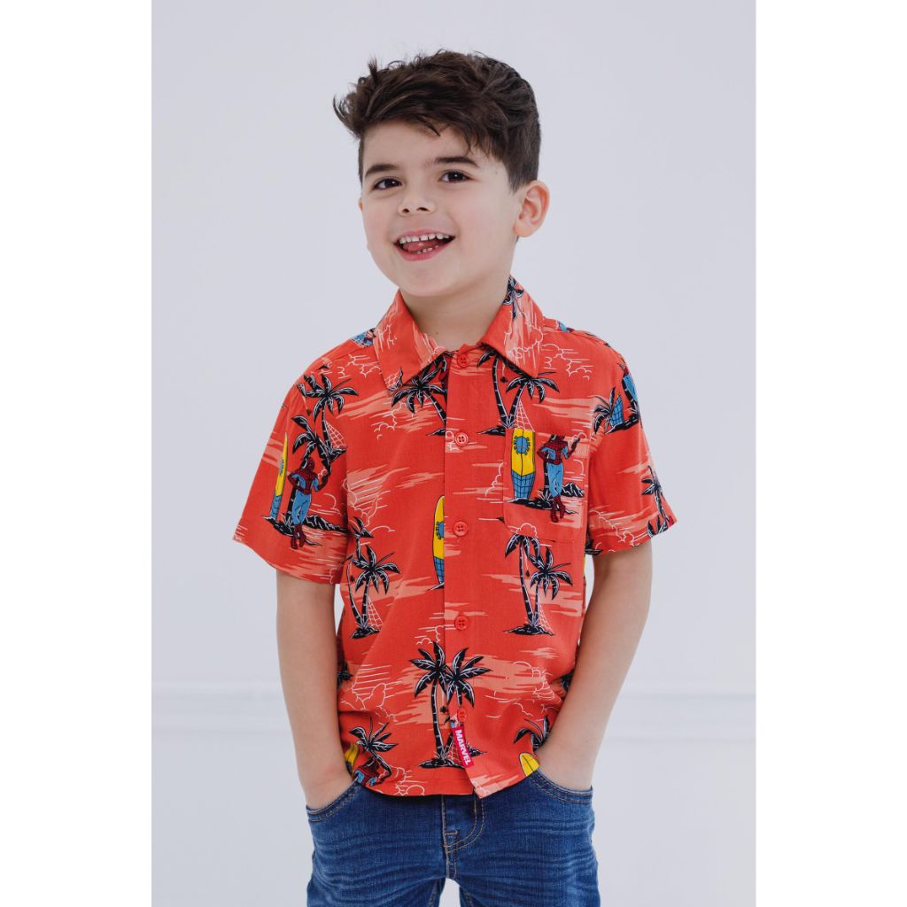 Marvel Spider-Man Toddler Boys' Allover Print Short Sleeve, Button Front Camp Shirt, Apricot, 2T