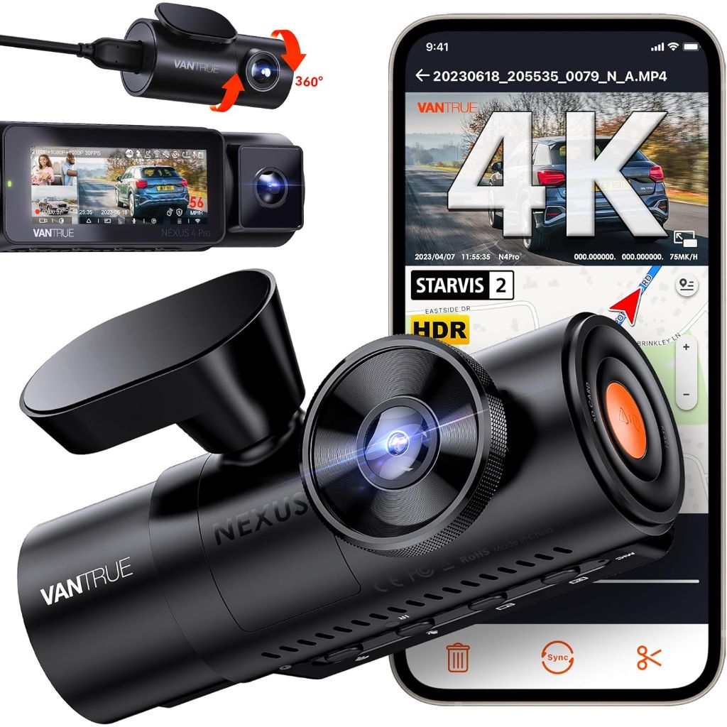 Vantrue Nexus 4 Pro 4K 3 Channel Dash Cam, STARVIS 2, PlatePix, Night Vision