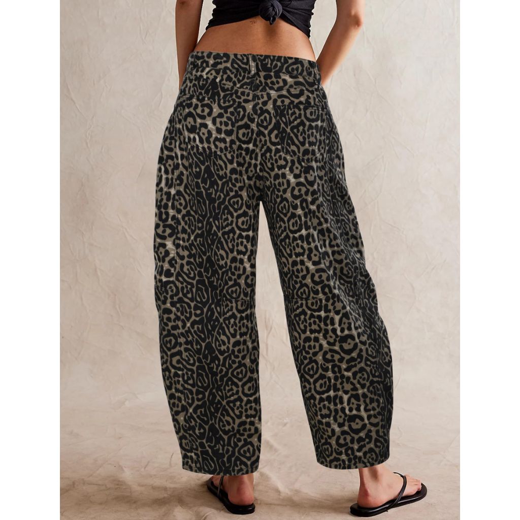 POTILI Women's Barrel Boyfriend Baggy Leopard Print Jeans Mid Rise Cropped Wide Leg Y2K Horseshoe Jeans for Women Trendy