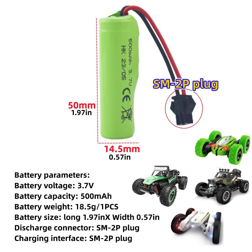 Fytoo 2PCS 3.7V 500mAh Li-ion Battery SM-2P Plug with USB Charging Cable for Double Sided RC Stunt Car Truck RC Car DE35 DE38 DE40 DE50 DE55 TB202 TM141 Toy Car Battery