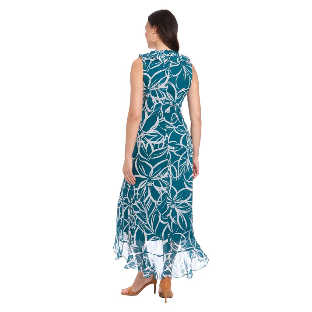 London Times Women's Dresses Sleeveless Ruffle Detail Faux Wrap Tie Midi Dress, Legion Blue/Soft White, 6