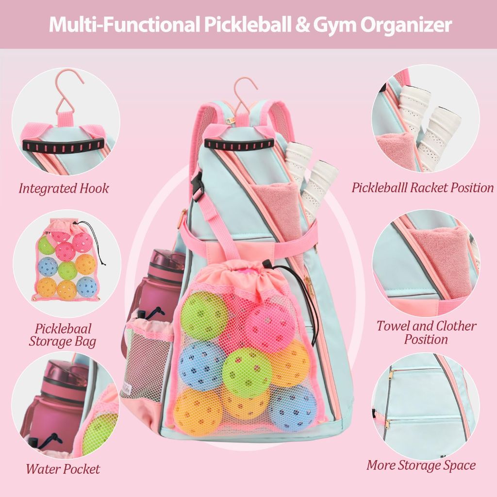 EdenRiver Pickleball Bag for Women Pickleball Backpack with Water Bottle Holder and Drawstring Mesh Bag for Pickle Ball Accessories