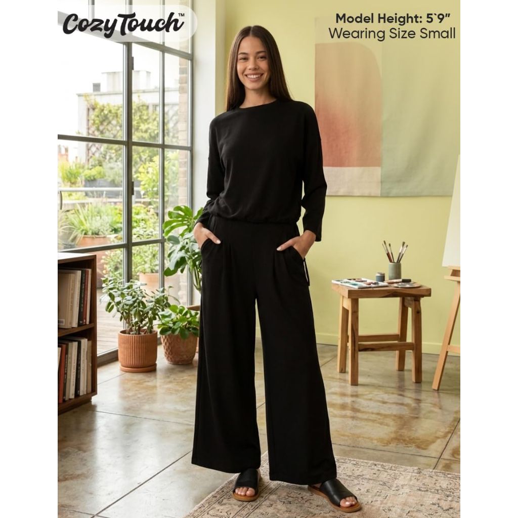 CozyTouch Wide Leg Lounge Pants for Women - Ivory, Medium