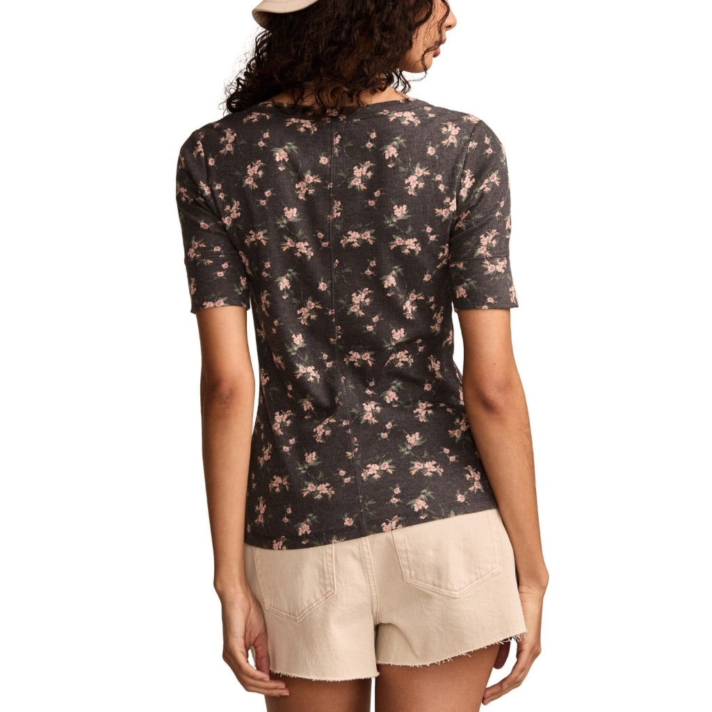 Lucky Brand Women's Ribbed Henley Tee - Black Floral Medium