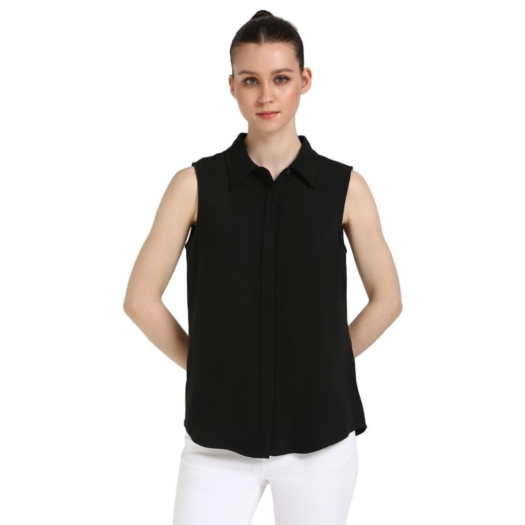 Calvin Klein Women's Crepe Sleeveless Button-Down Top, Black, X-Small
