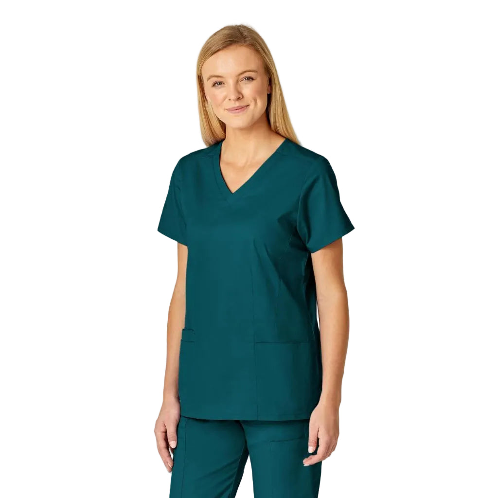WonderWink WonderWORK Women’s Shaped V-Neck Scrub Top — Caribbean, X Small