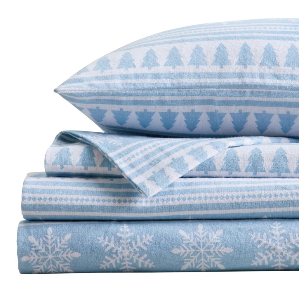 Market & Place 100% Cotton King Flannel Sheet Set | 4 Piece Deep Pocket  | (King, Striped Snowflake)