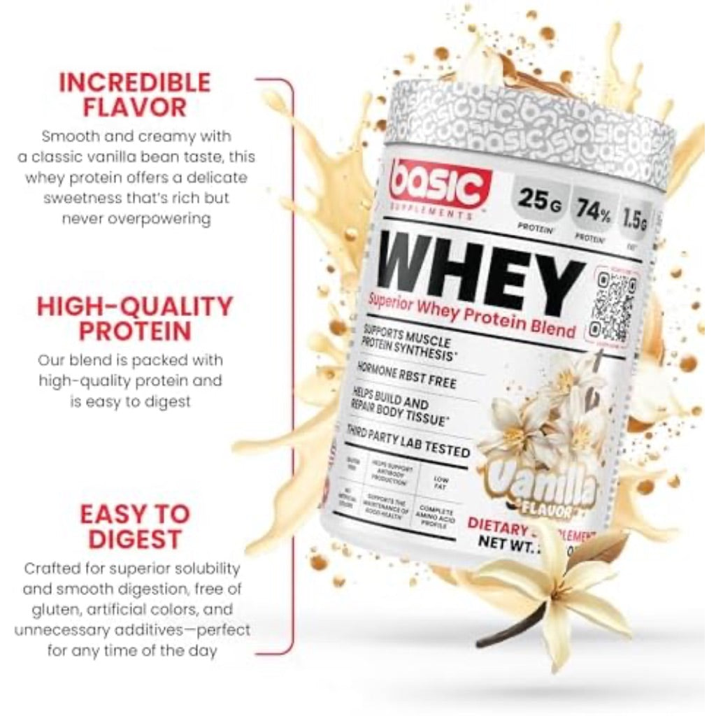 Basic Supplements Superior Whey Protein Blend Powder, Vanilla, 2lb
