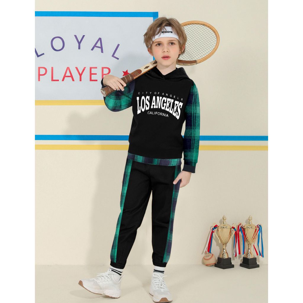 MINITEENICE Boys Plaid Pullover Los Angeles Outfit (2pcs)- size 6-7