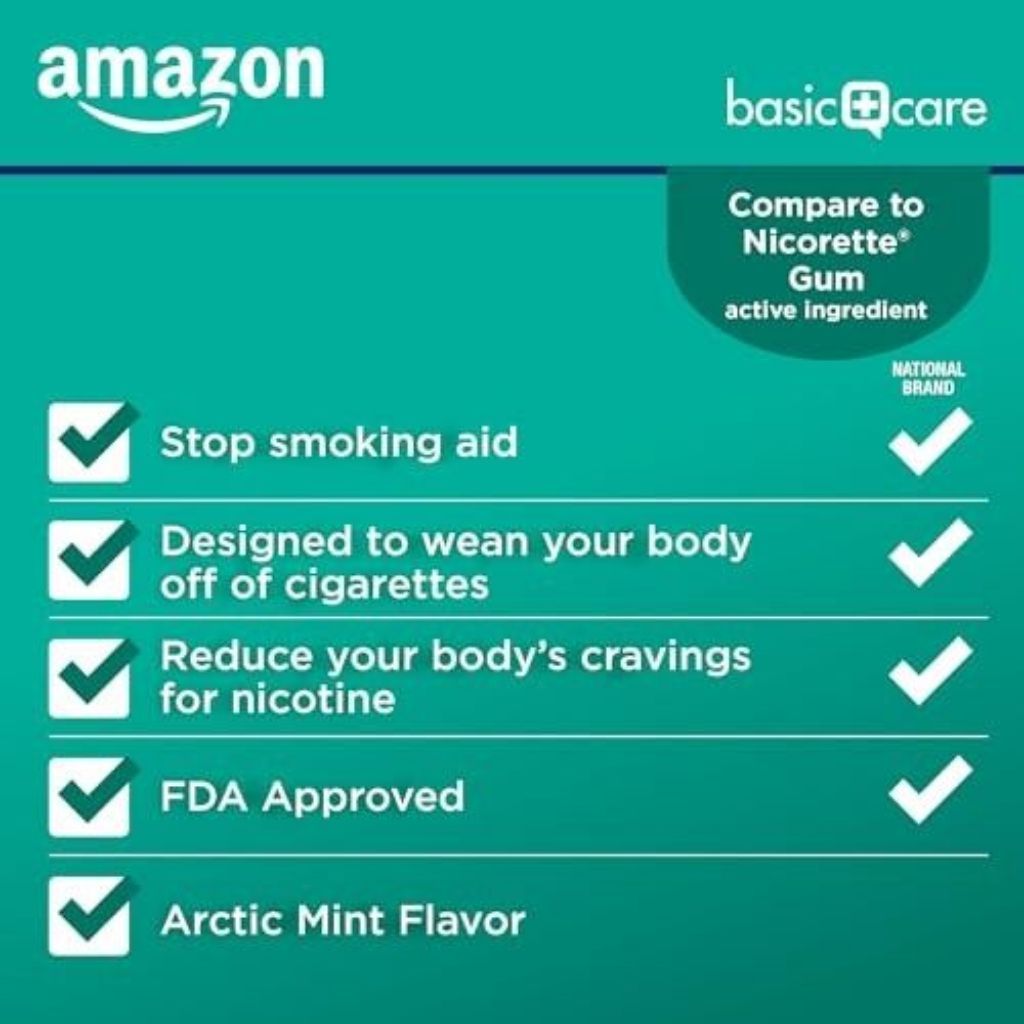 Amazon Basic Care Uncoated Nicotine Polacrilex Gum 2 Mg (nicotine), Mint Flavored, Stop Smoking Aid, 220 Count (Packaging May Vary)