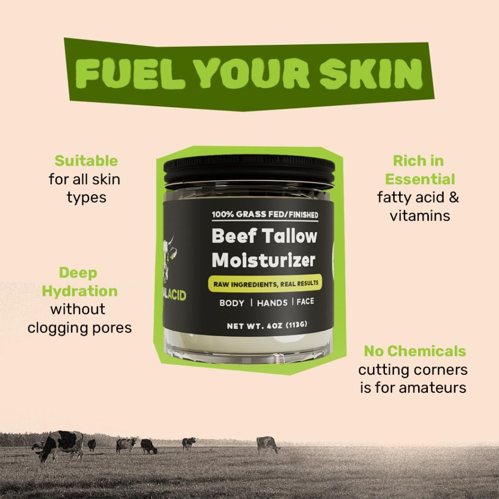 ANIMAL ACID Beef Tallow for Face, Skin & Body - 4 Fl oz Handmade Tallow Face Moisturizer - Unscented