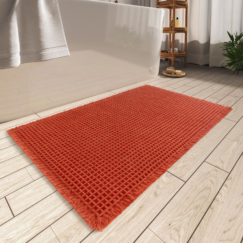 AMOAMI Upgraded Waffle Bath Mat, Super Absorbent Non Slip, Ultra Soft, 20" x 32", Orange