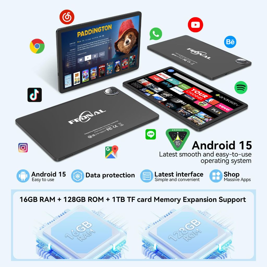 Tablet 11 inch Android 15 Tablet, 2025 Latest Update 128GB ROM 16GB RAM, 4G LTE Tableta, 5G WiFi+Cellular, Octa-Core MTK8786, 13+8 MP Rear and Front Camera,Incell FHD Screen, T-Mobile SIM Card Support