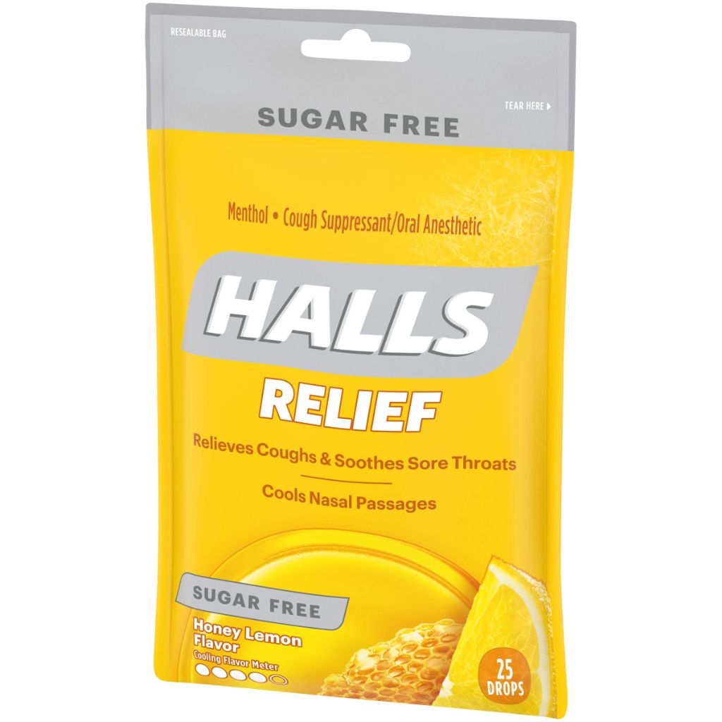 HALLS Relief Sugar Free Honey-Lemon Flavor Cough Drops, 1 Bag (25 Total Drops)