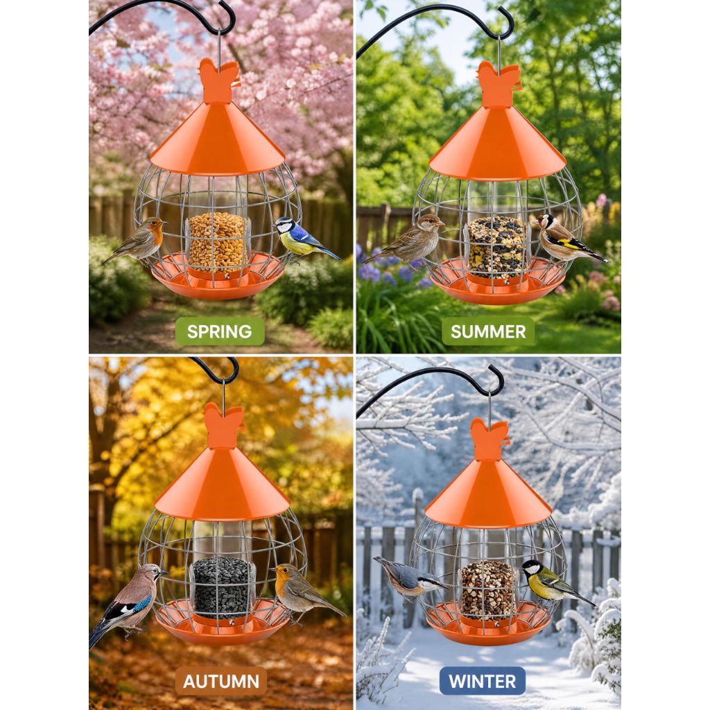 Metal Bird Feeder for Outdoor Hanging, Large Capacity Wild Bird Feeder with Weatherproof Roof & Squirrel-Proof Design, Easy to Fill & Clean, Ideal for Cardinals, Finches, and Blue Jays
