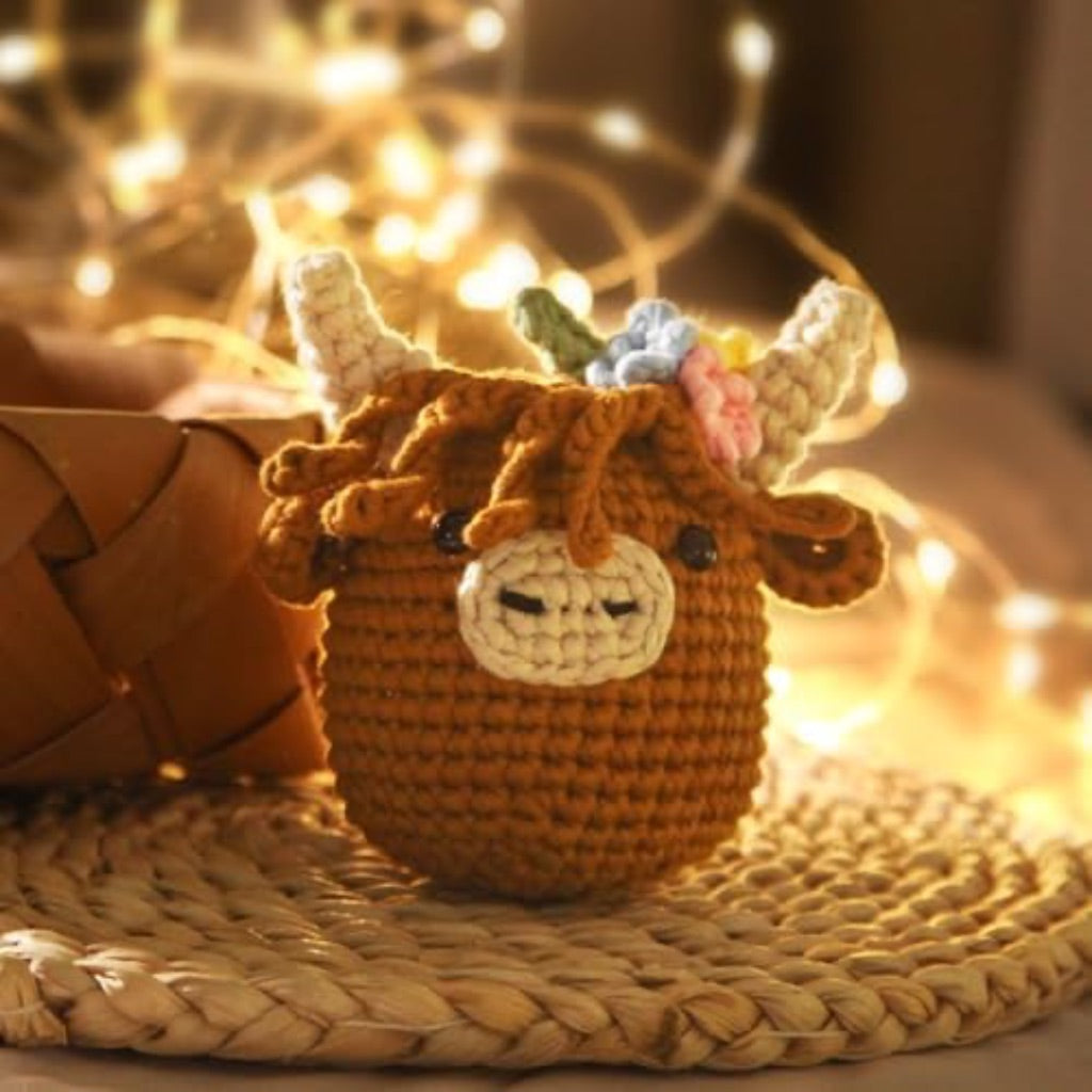 Cudroza Crochet Kit for Beginners - Brown Highland Cow Starter Crochet Kit with Video Tutorial and Yarns, Hook, Accessories