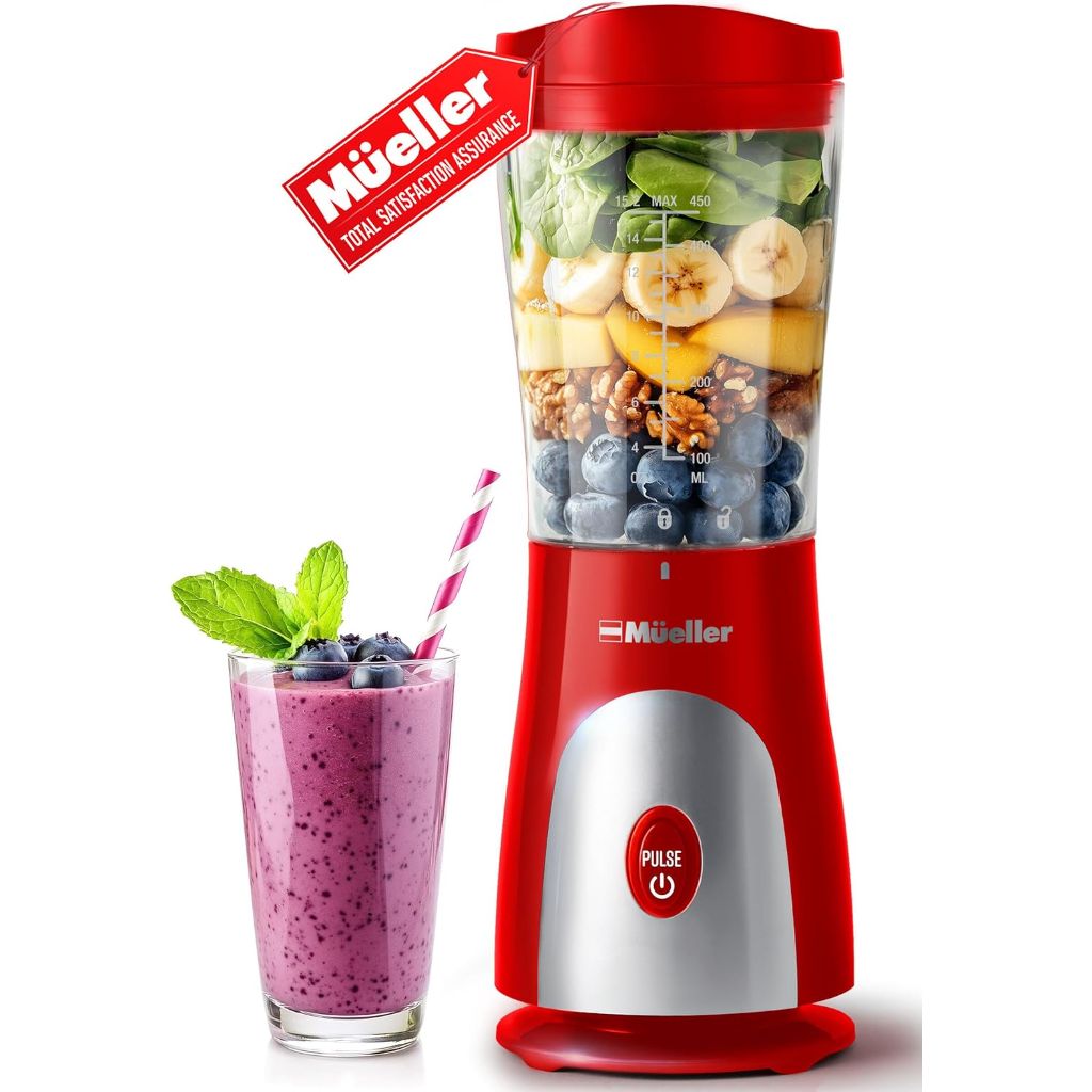 Mueller Smoothie Blender w/15oz Travel Cup and Lid, Durable Stainless Steel Blades - Red