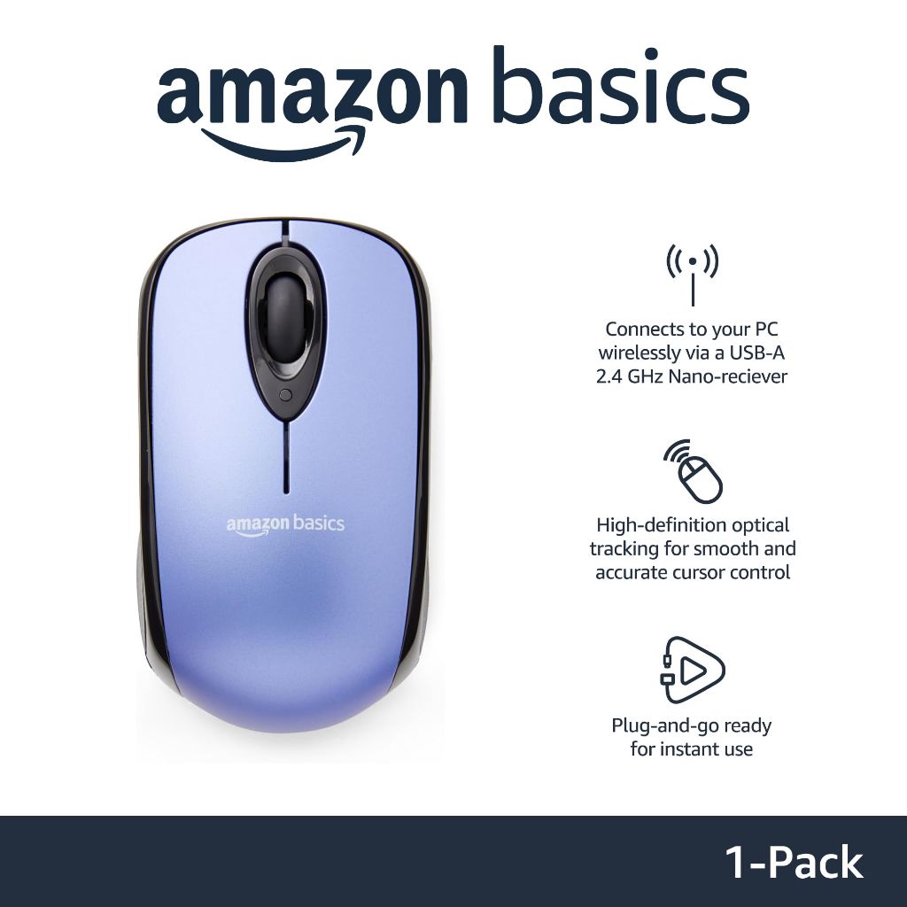 Amazon Basics 2.4 GHz Wireless Optical Computer Mouse with USB Nano Receiver, Portable, Easy Setup, Blue
