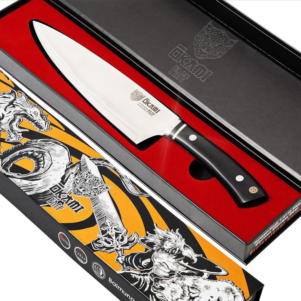 OKAMI Asgard Series Chef's Knife, Full Tang, 8" Professional German Stainless Steel - Black