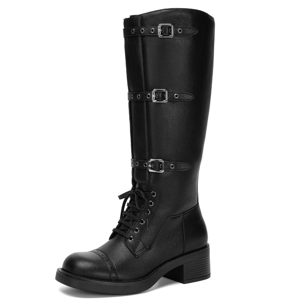 Athlefit Black Knee High Boots for Women Wide Calf Tall Riding Boots Slip On Chunky Low Heel Booties