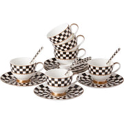 Porlien Black and White 6oz Porcelain Checker Van Gogh Cups and Saucers - Set of 6 +Coffee Spoons