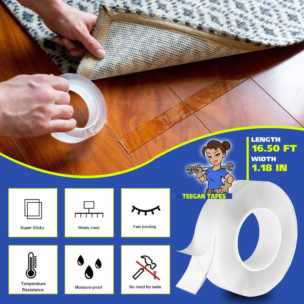 Teegan Tapes Clear Double-Sided Tape, Ultra Strong Double-Sided Nano Adhesive - 1.18" x 16.5'