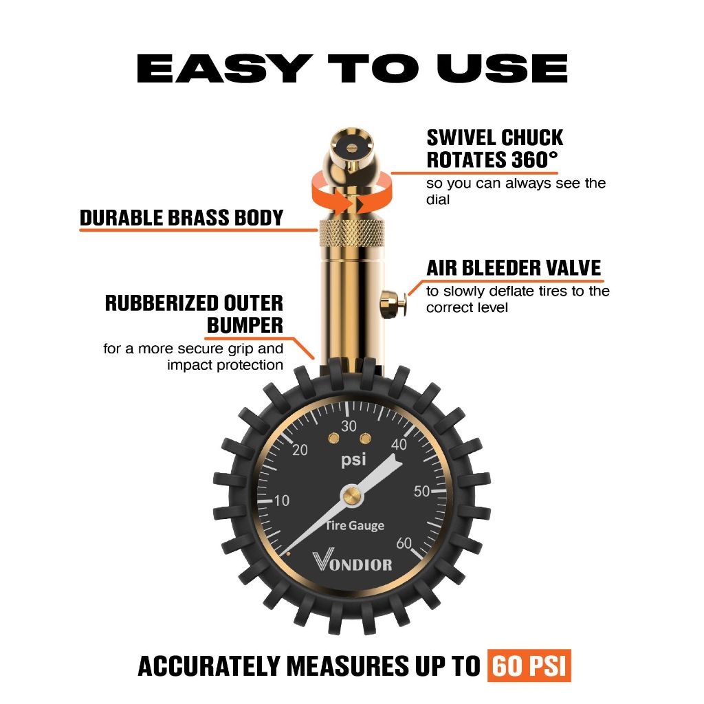 Vondior- Tire Pressure Gauge - (0-60 PSI) Heavy Duty, Certified ANSI Accurate with Large 2 Inch Easy to Read Glow Dial